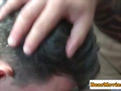 Inked muscle bear wanks after steamy rimjob